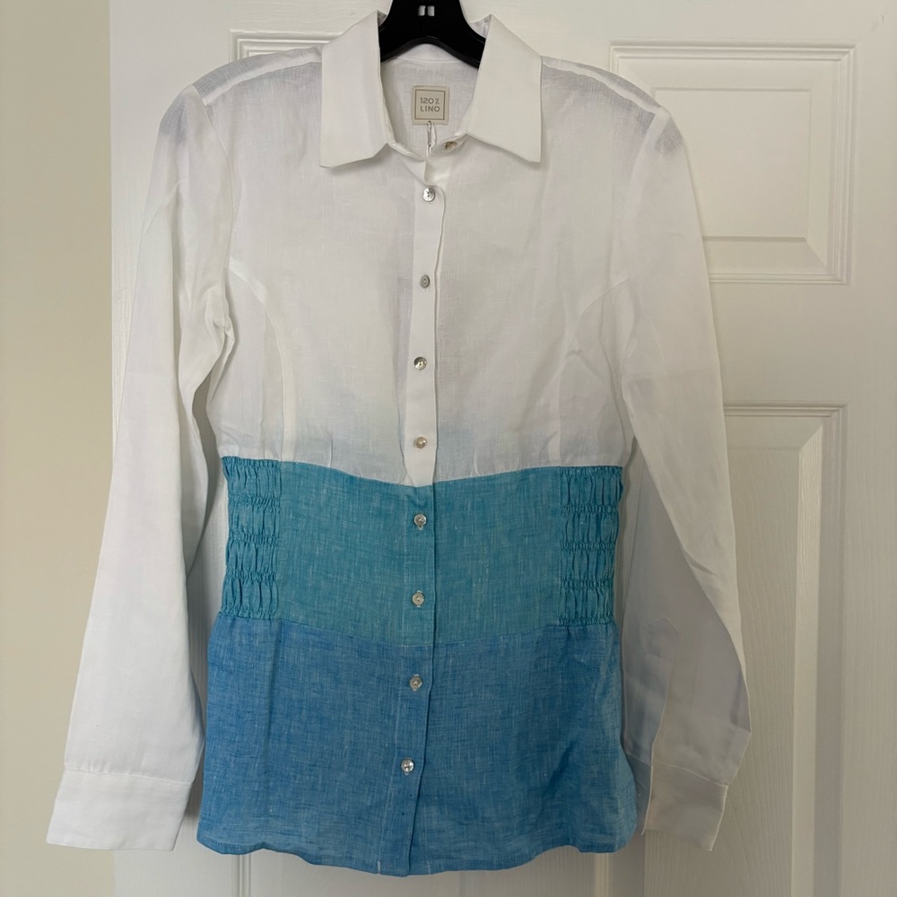 120% Lino White Blue Button Up Long Sleeve Top